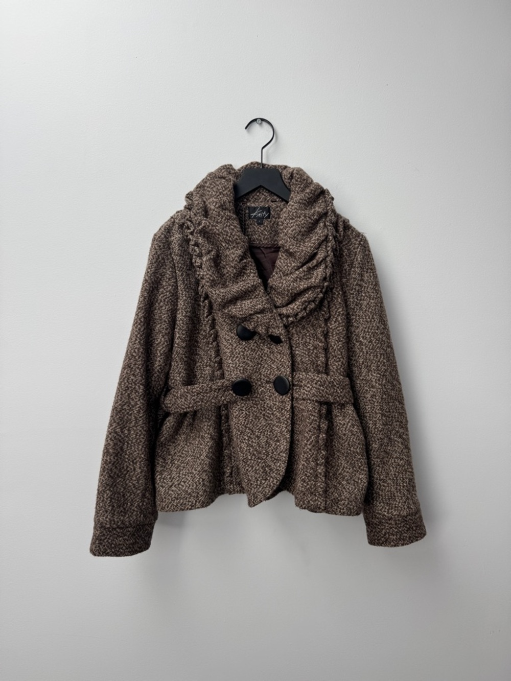 Textured Brown Bouclé Peacoat with Shawl Collar
